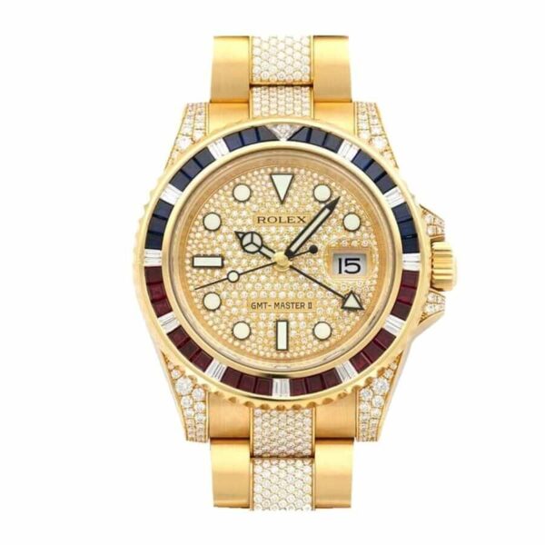 Rolex GMT Master II 116758 SARU Yellow Gold Diamonds Dial Iced Out Replica